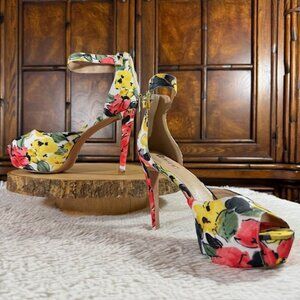 Idifu Floral Yellow Platform Peep Toe Ankle Strap Back Zipper Heel Shoe